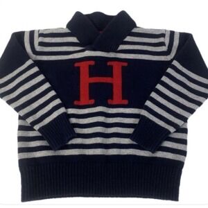 Tommy Hilfiger Shawl Neck Sweater Kids Size 5 Navy Blue Striped Cotton Varsity H